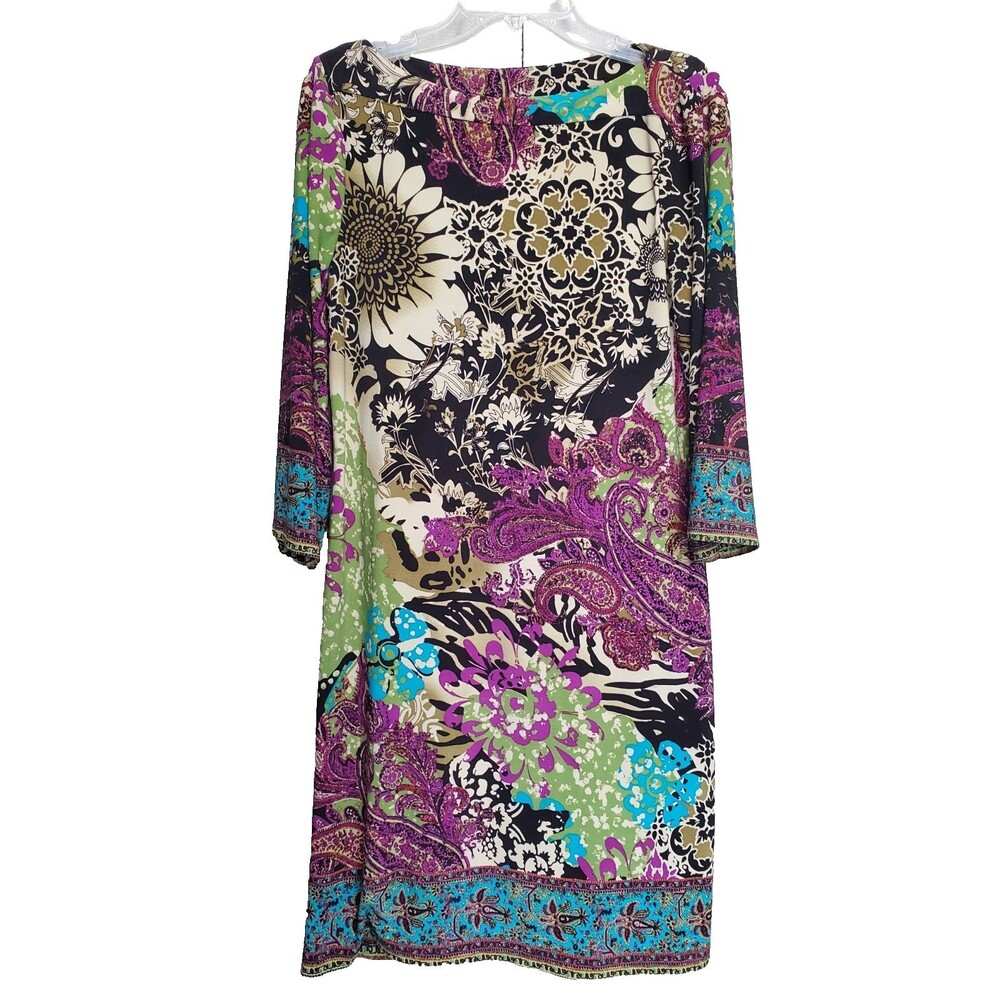 ICE Vintage Multicolor Paisley Boat Neck Stretchy Shift Dress Size 8 Boho